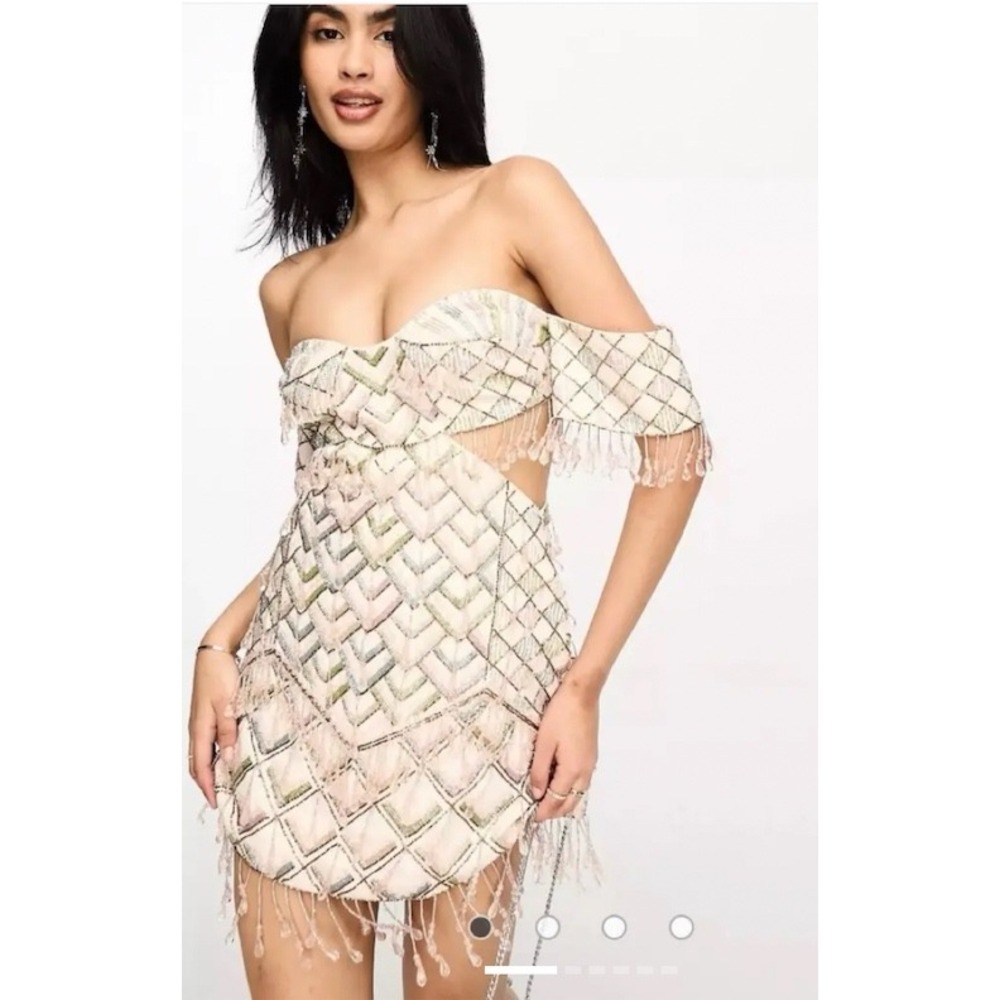 ASOS Design Mini Luxe Dress Beaded Embellished Womens 12 Fringe Cut Flapper NWT